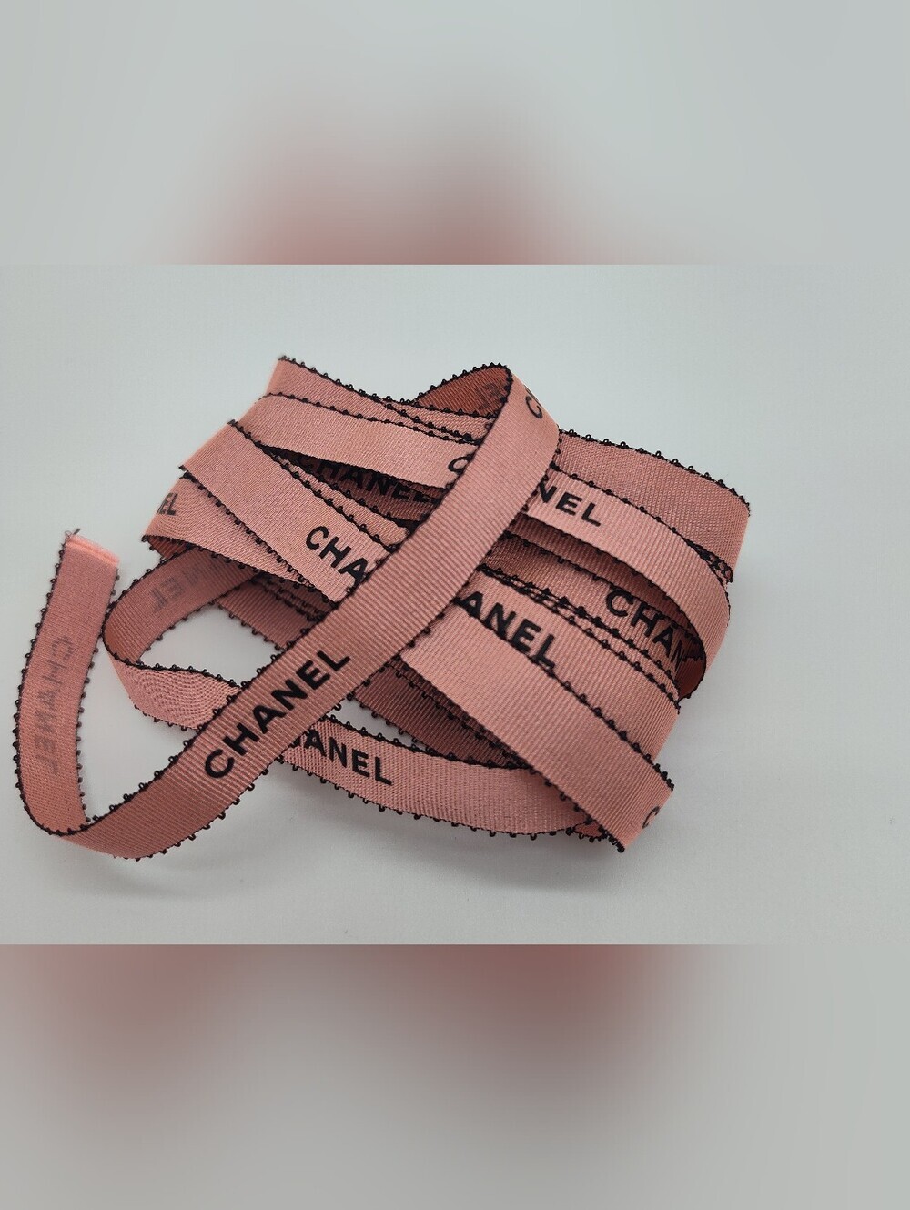 CHANEL Blush Pink Black Logo Ribbon 3.28 Yards Picot Edge Collector Ribbon